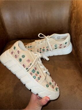 Free PeopleCream Embroidered Lace-Up Platform Sneakers with embellishment